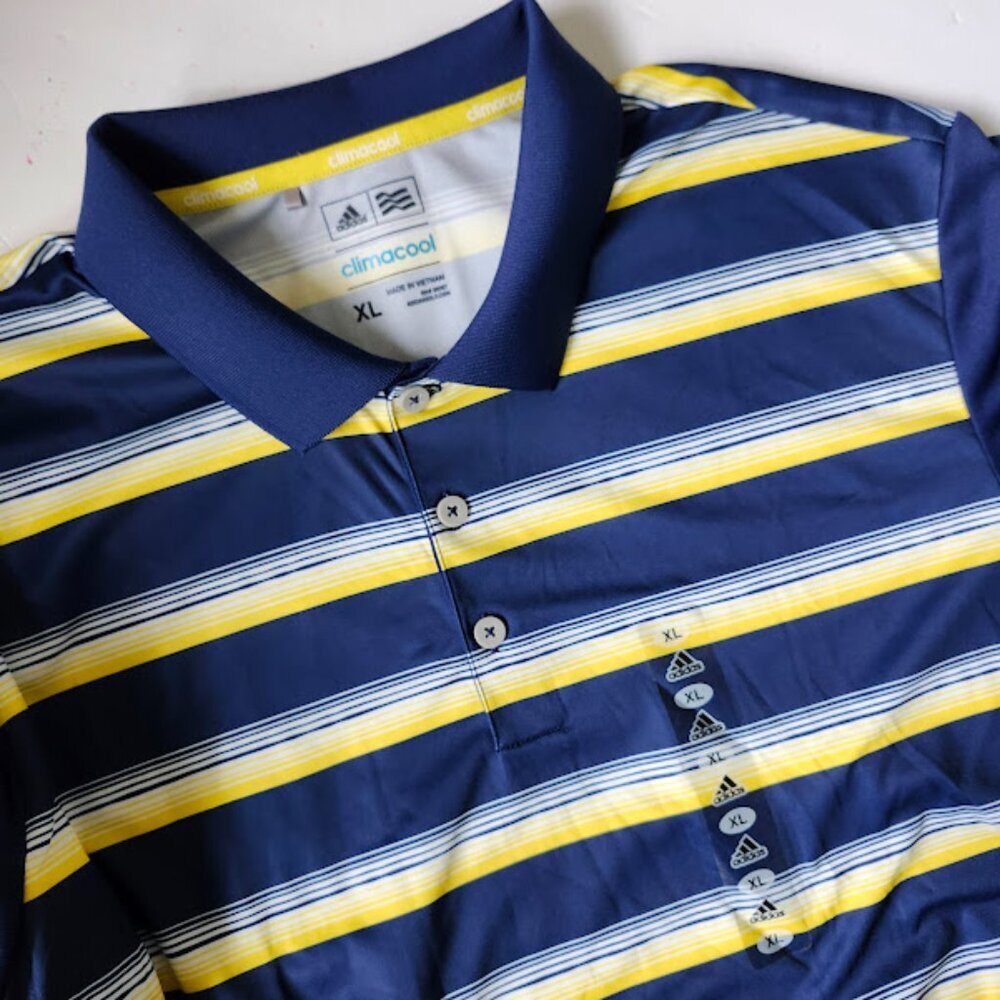 NEW Adidas Climacool Mens Polo XL Blue Yellow Stripe Shirt Wicking Breathable